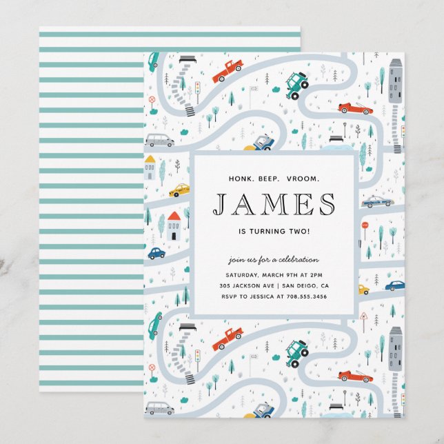 Boy Trucks And Cars City Second Birthday Party Invitation (Front/Back)