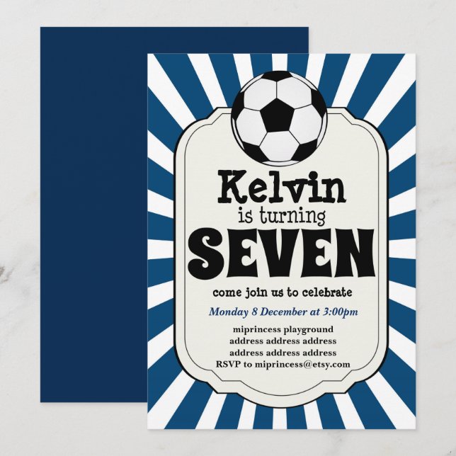 boy turning SEVEN Soccer Ball  Invitation (Front/Back)