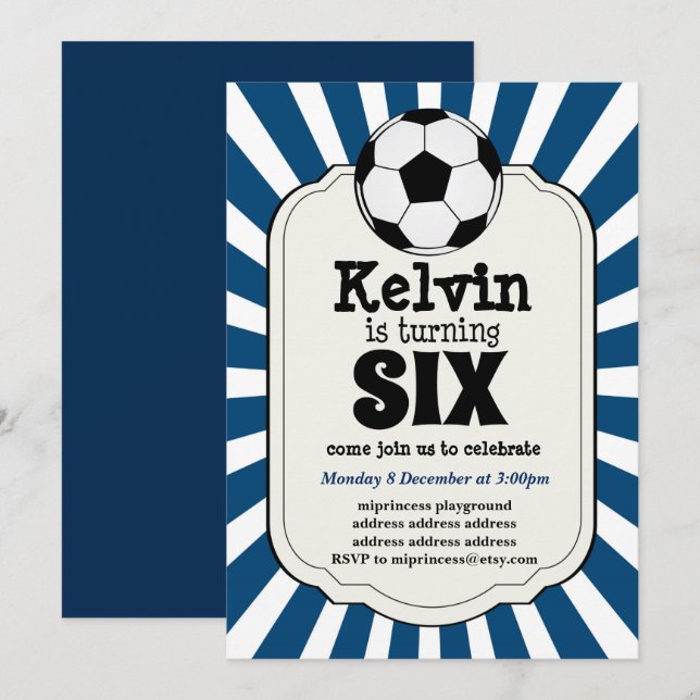 boy turning SIX Soccer Ball  Invitation (Front/Back)