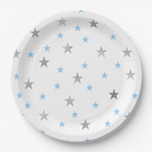 Boy Twinkle Baby shower decor, blue silver stars Paper Plate (Front)