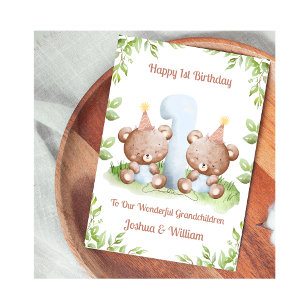 Boy Twins 1st Birthday Greenery Teddy Bear Card