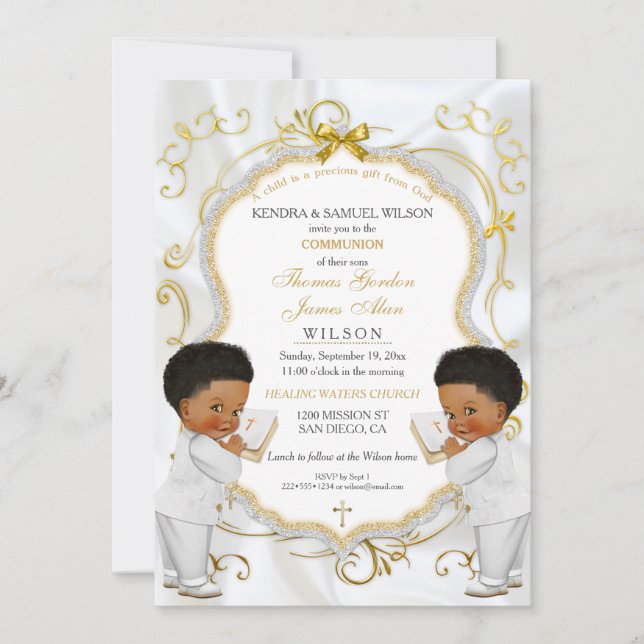 Boy Twins Baptism Christening Communion Ethnic Invitation (Front)
