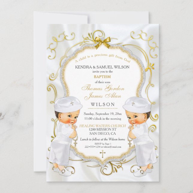 Boy Twins Baptism Christening Gold White Cross Invitation (Front)