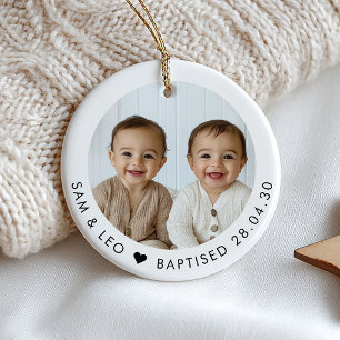 Boy Twins Baptism Photo Keepsake Ceramic Tree Decoration