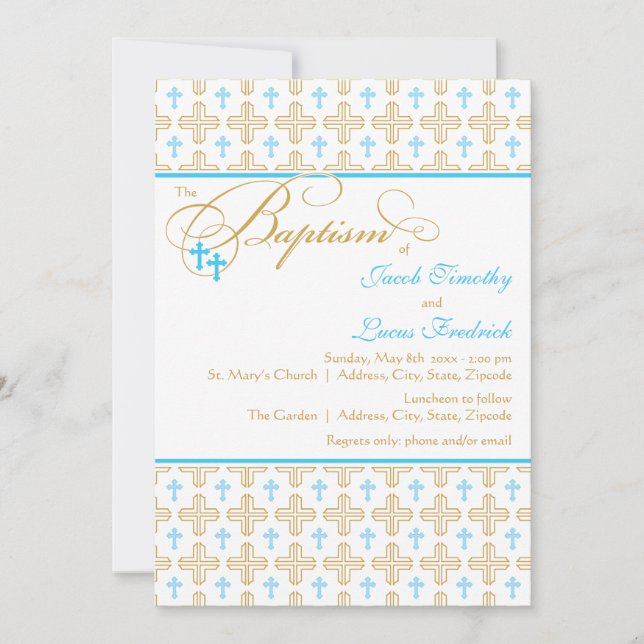 Boy Twins Cross Pattern Baptism Invitation (Front)