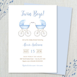 Boy Twins with blue Carriages Baby Shower Invitation
