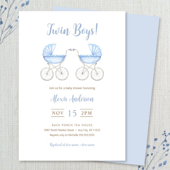 Boy Twins with blue Carriages Baby Shower Invitation (Creator Uploaded)