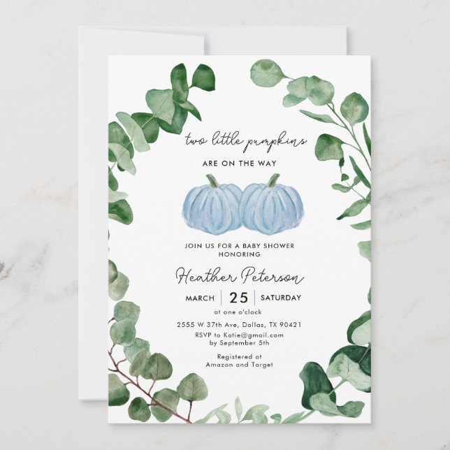 Boy Two Little Pumpkins Are On The Way Baby Shower Invitation (Front)