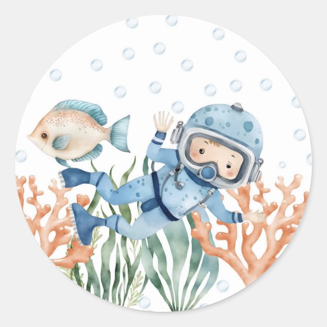 Boy Under The Sea Baby Shower Classic Round Sticker (Front)