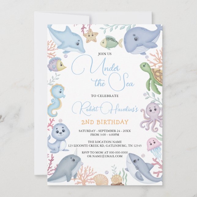 Boy Under the Sea Ocean Animals Birthday Invitation (Front)