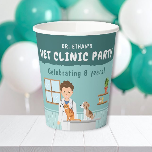Boy Veterinarian Cartoon Pet Clinic Kids' Birthday Paper Cups (Creator Uploaded)