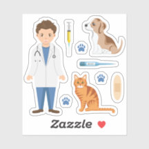 Boy Veterinarian With Puppy Cat And Vet Things