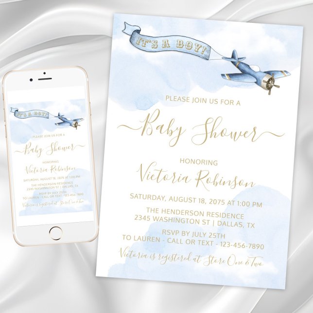 Boy Vintage Aeroplane Baby Shower Invitation (Baby blue and gold vintage airplane invitations. Instant download and printed invitations available.)