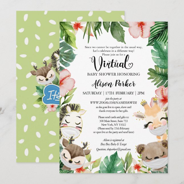 Boy Virtual Baby Shower | Masked Safari Friends Invitation (Front/Back)