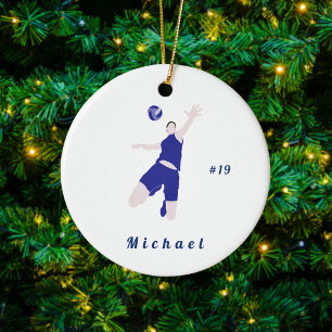 Boy Volleyball Player Blue Name & Number Ceramic Tree Decoration