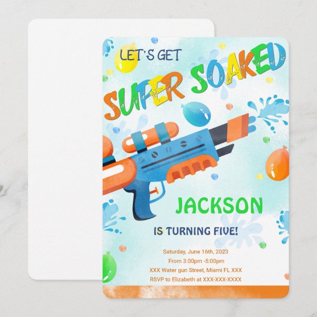Boy Water Gun Birthday Invitations  (Front/Back)