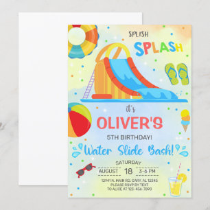 Boy water slide summer birthday invitation invite.