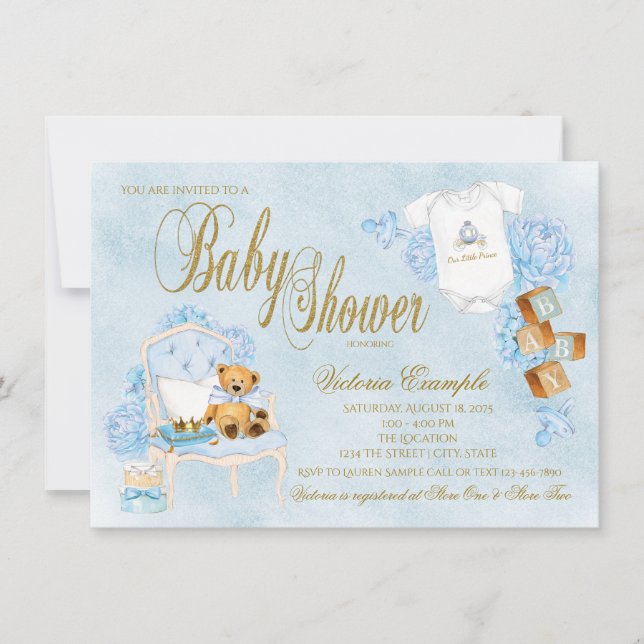 Boy Watercolor Baby Blue Gold Baby Shower Invitation (Front)
