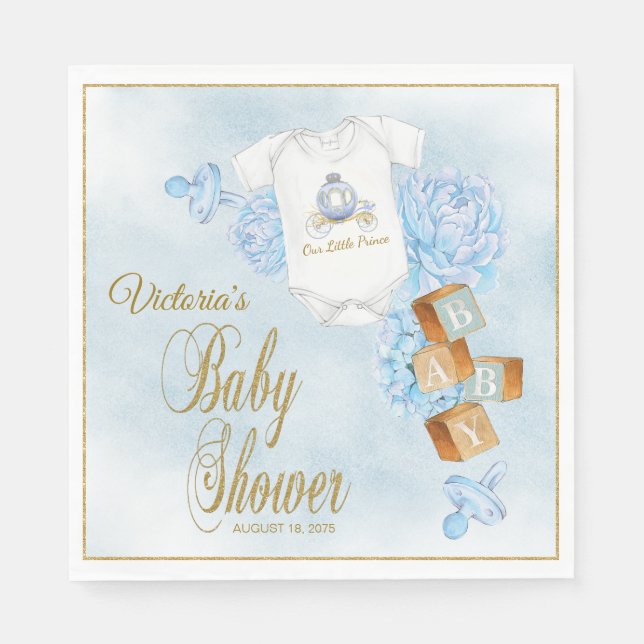 Boy Watercolor Blue Gold Baby Shower Napkins (Front)