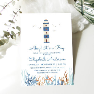 Boy Watercolor Lighthouse Baby Shower Invitation