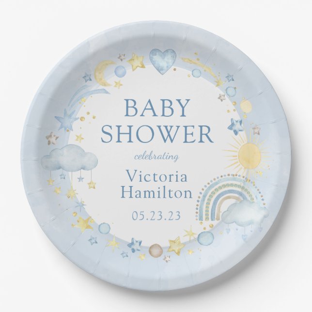Boy Watercolor Rainbow Baby Shower Paper Plate (Front)