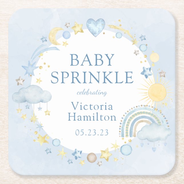 Boy Watercolor Rainbow Baby Sprinkle Square Paper Coaster (Front)
