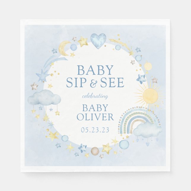 Boy Watercolor Rainbow Sip And See Napkin (Front)