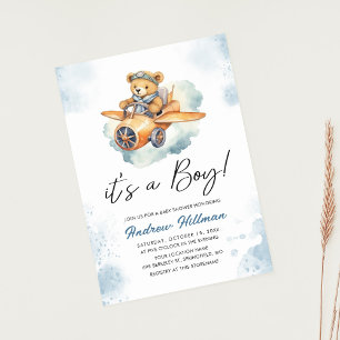 Boy Watercolor Teddy Bear Baby Shower Invitation