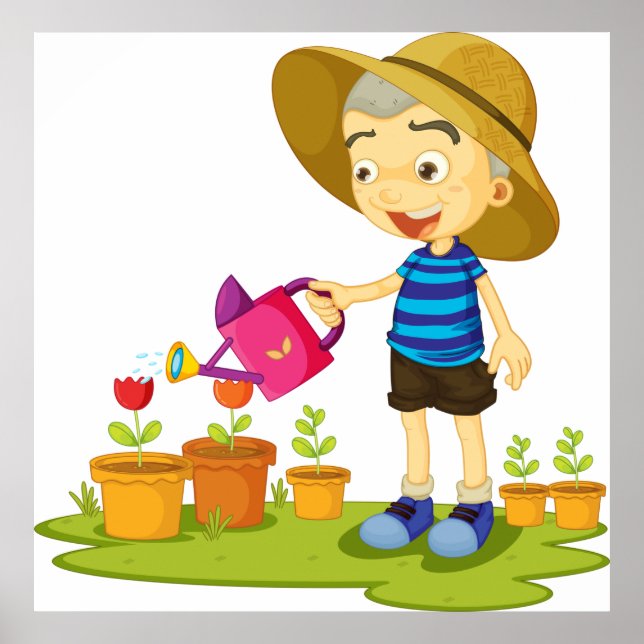 Boy Watering Plants Poster (Front)