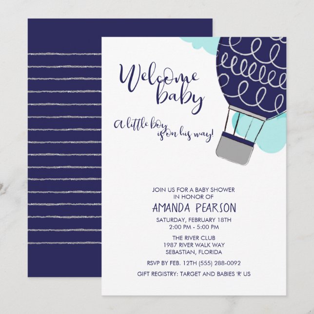 Boy Welcome Baby Hot Air Balloon Baby Shower Invitation (Front/Back)