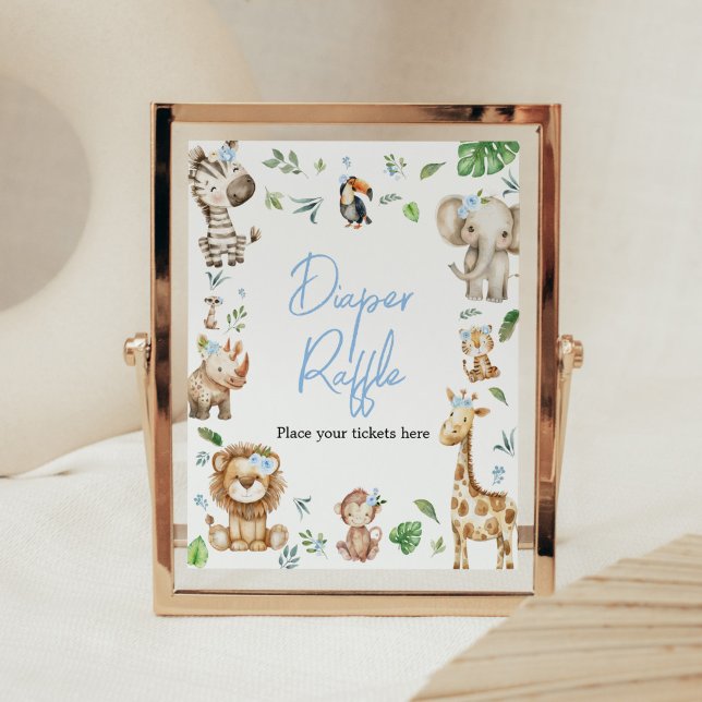 Boy Wild One Safari Baby Shower Diaper Raffle Poster (Safari Wild One Baby Shower Diaper Raffle Sign)