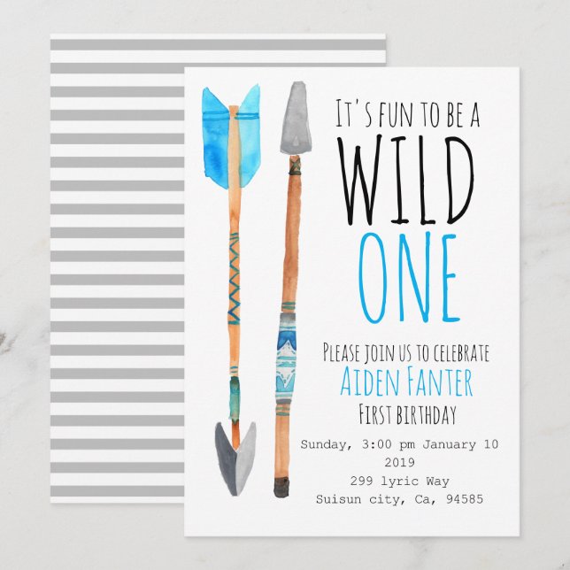 Boy wild one tribal arrow first birthday invite (Front/Back)