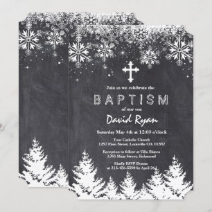 Boy Winter Holiday Snowflakes Chalkboard Baptism Invitation