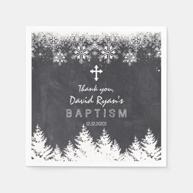 Boy Winter Holiday Snowflakes Chalkboard Baptism Napkin (Front)