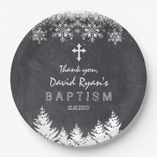 Boy Winter Holiday Snowflakes Chalkboard Baptism Paper Plate