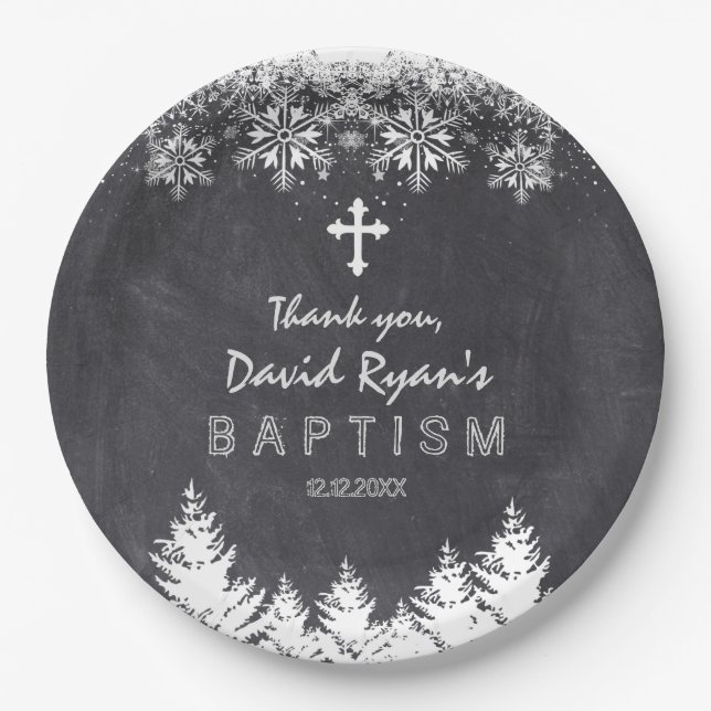 Boy Winter Holiday Snowflakes Chalkboard Baptism Paper Plate (Front)