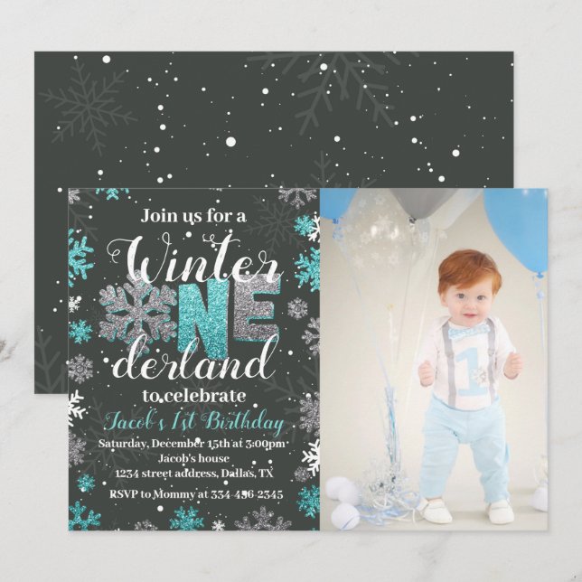 Boy Winter Onederland Birthday Invitation Photo (Front/Back)
