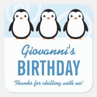 Boy Winter Penguin Birthday Party Favour Square Sticker