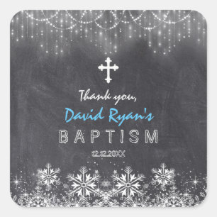Boy Winter String Lights Snowflakes Chalk Baptism Square Sticker