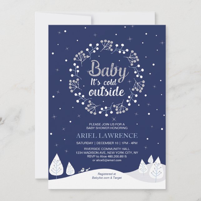 Boy Winter Wonderland Baby Shower, Navy & Silver Invitation (Front)