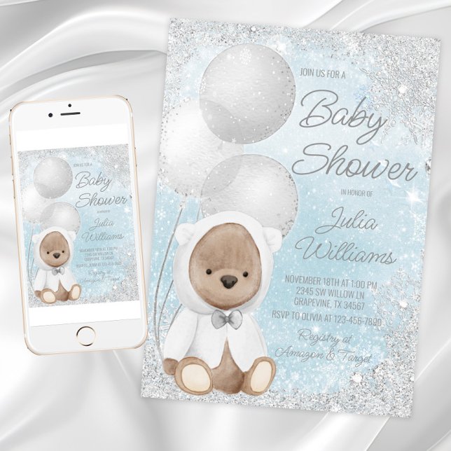 Boy Winter Wonderland Teddy Bear Baby Shower Invitation (Boy winter wonderland baby shower invitation with cute winter bear on a snowflake background.)