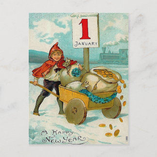 Boy with a Cart -New Year Greeting Postcard