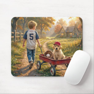 Boy with a Red Wagon and Golden Retriever Puppy Mouse Mat