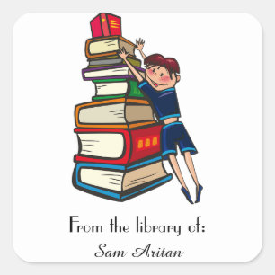 Boy With a Stack of Books Bookplate Square Sticker