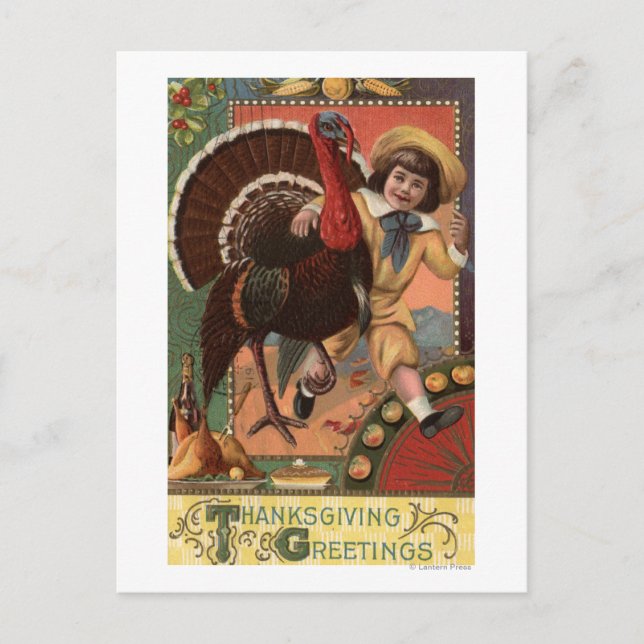 Boy with Arm around a Turkey Postcard (Front)