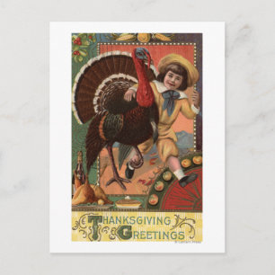 Boy with Arm around a Turkey Postcard