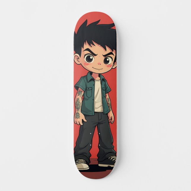 Boy with cartoon-style tattoos skateboard (Front)