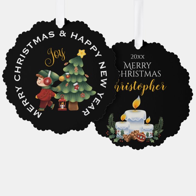 Boy with Christmas Tree, PERSONALIZED  Tree Decoration Card (Front/Back)