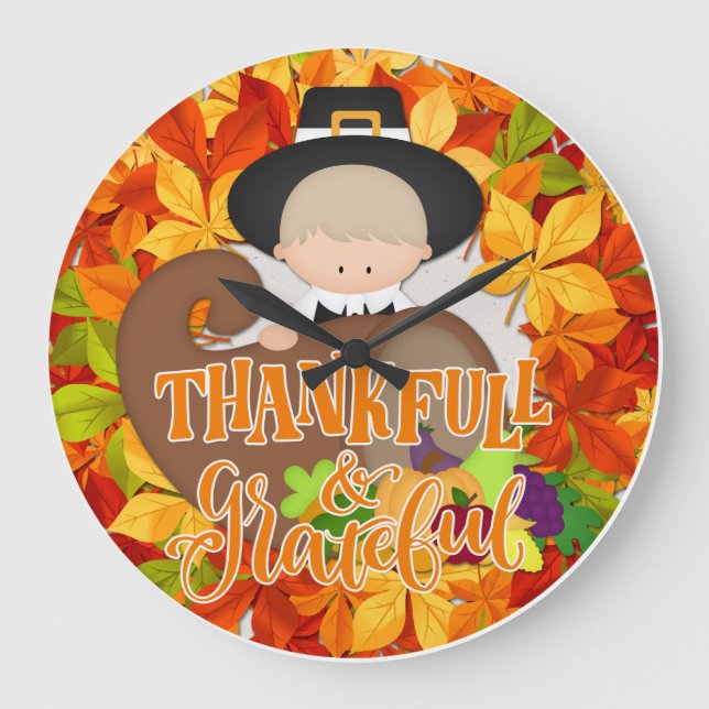 Boy with Cornucopia - Thankful & Grateful Large Clock (Front)
