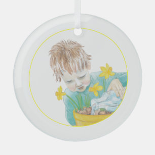 Boy With Daffodils Glass Tree Decoration